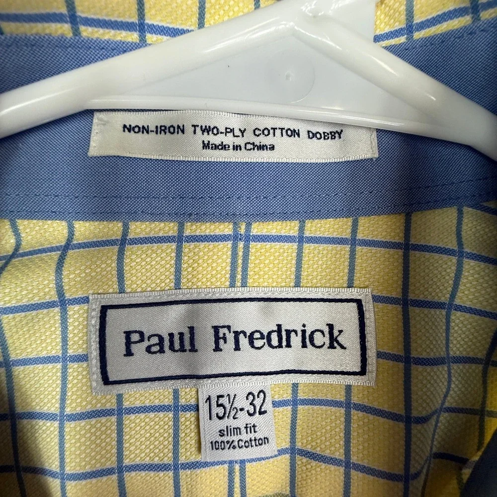 Paul Fredrick Mens Slim Fit Yellow Blue Check Plaid Long Sleeve Shirt‎ 15.5-32